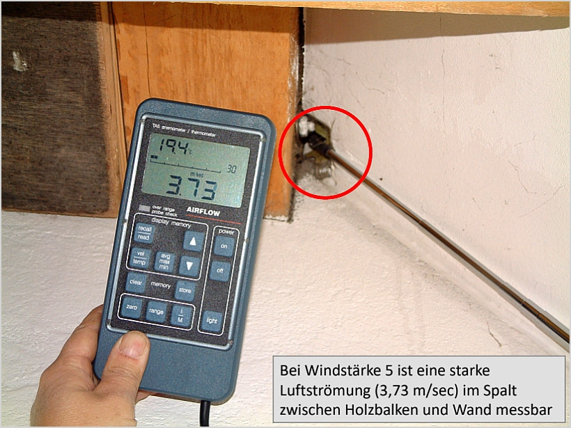 Luftströmung im Spalt zwischen Holzbalken und Wand