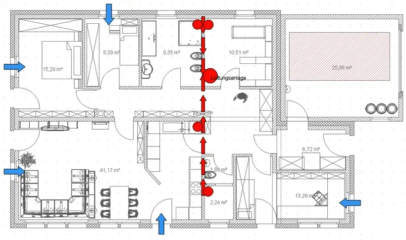 Blaue Pfeile feuchtegeregelte Zuluft, rot Abluftkanal mit Abluftventilen