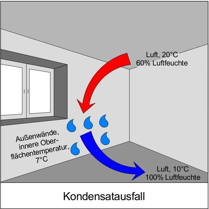Foto eines Fensters mit Kondensatbildung am Rahmen durch Abkühlung warmer, feuchter Raumluft